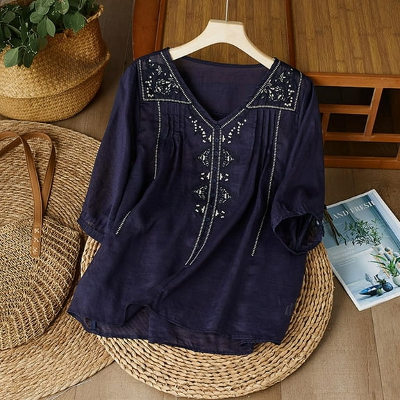 Yubnlvae Cotton Linen Short-Sleeve Blouse - Breathable Casual Shirt for Daily Wear Or Beach Cover-Ups, Women's Button-Up Embroidered Tunic 3/4 Sleeve V-Neck Folk Style Casual Top, Navy, Xxl