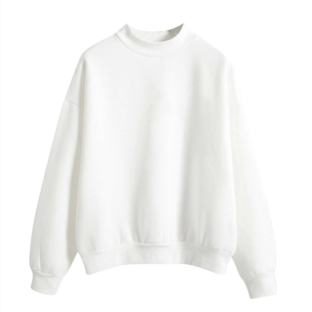 Crew Neck Sweatshirts Women, Solid Color Long Sleeve Drop Shoulder Sweatshirt Pullover Relaxed Fit Tops White L
