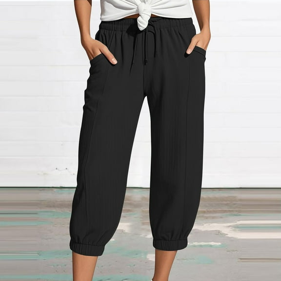 Yubnlvae Crinkle Texture Capris Women's Bubble Wrinkle Linen - 3/4 Length Wide Leg Beach Resort Pants Black, M, Includes 1PC Pants per order