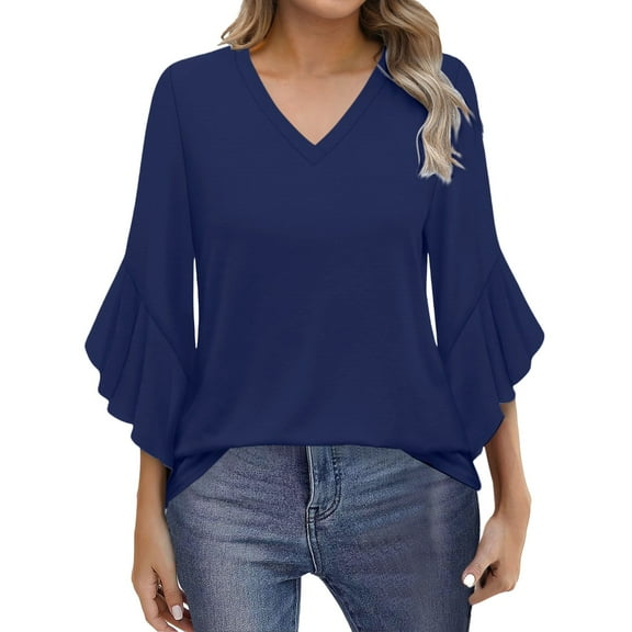 Yubnlvae Dark Blue Blouses for Women Casual 3/4 Length Sleeve Womens Tops V Neck Tshirts Shirts with Flared Sleeve, L