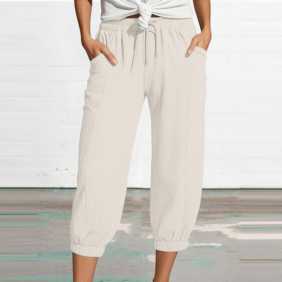 Yubnlvae Double-Layer Crinkle Capris High Waisted - Linen Wide Leg 7/4 Length Beach Harem Pants with Pockets Beige, XXXL, Includes 1X Pants per order
