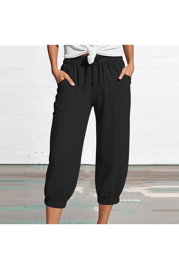 Double-Layer Crinkle Capris High Waisted - Linen Wide Leg 7/4 Length Beach Harem Pants with Pockets Black, 5XL, Includes 1X Pants per order