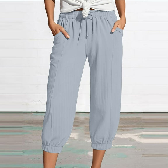 Yubnlvae Double-Layer Crinkle Capris High Waisted - Linen Wide Leg 7/4 Length Beach Harem Pants with Pockets Grey, XXXL, Includes 1X Pants per order