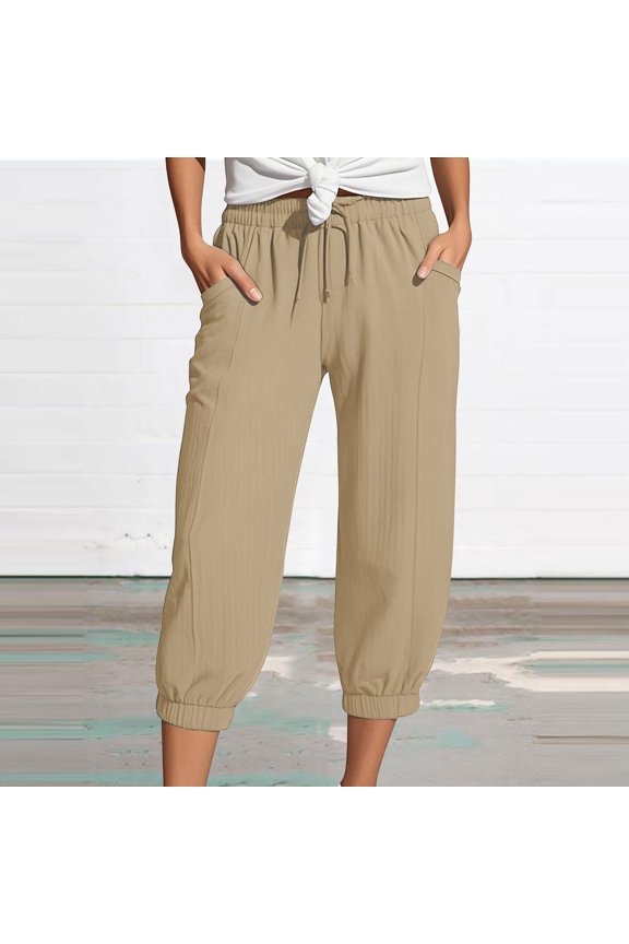 Double-Layer Crinkle Capris High Waisted - Linen Wide Leg 7/4 Length Beach Harem Pants with Pockets Khaki, 4XL, Includes 1X Pants per order