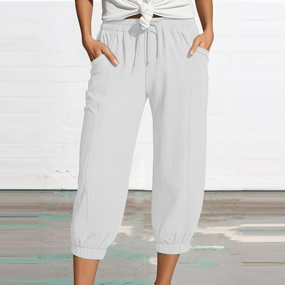 Yubnlvae Double-Layer Crinkle Capris High Waisted - Linen Wide Leg 7/4 Length Beach Harem Pants with Pockets White, XXXL, Includes 1X Pants per order