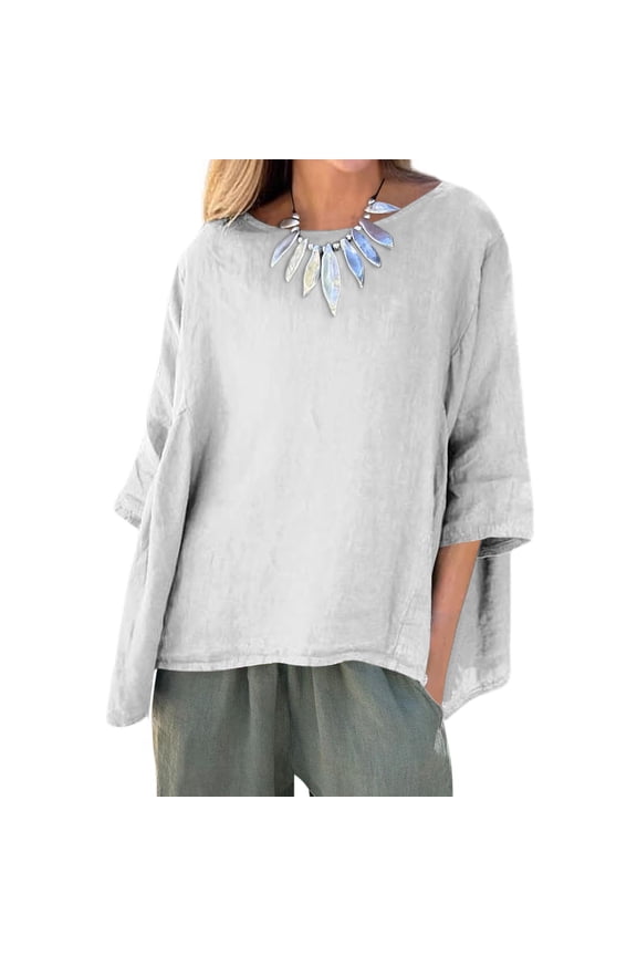 Drop-Shoulder Relaxed T-Shirt - Oversized Cotton Tee for Home & Weekend Errands (Loungewear), Women's 3/4 Sleeve Linen Shirt Loose Fit Round Neck Casual Fall Tunic Top, White, L