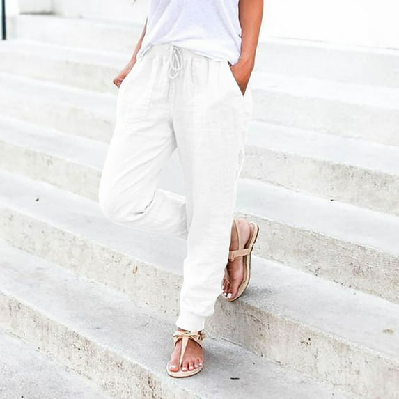 Yubnlvae Elastic Waist Pants Women's Minimalist Linen Blend - Pocket Straight Leg Trousers Travel Comfort Pants White, L, Includes 1pc trousers per order