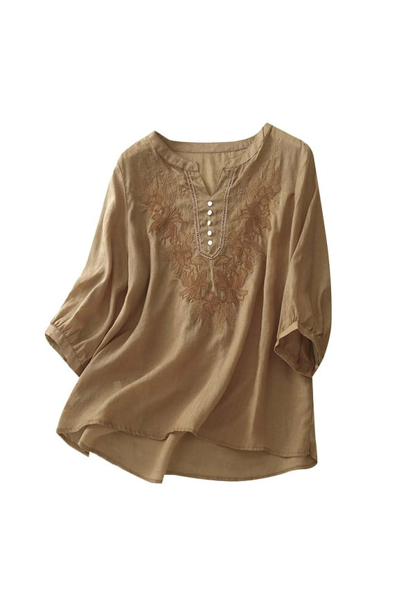 Floral Embroidered Cotton Tops for Women - 3/4 Sleeve Boho Tunic Blouses (V-Neck Button Design, Summer & Vacation Ready) Coffee 3XL