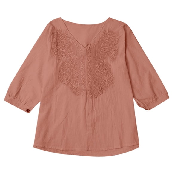 Yubnlvae Floral Embroidered Cotton Tops for Women - 3/4 Sleeve Boho Tunic Blouses (V-Neck Button Design, Summer & Vacation Ready) Pink M