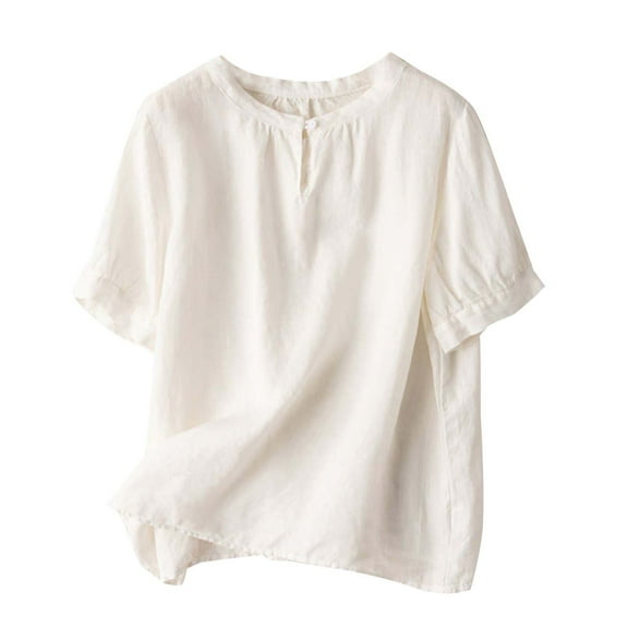 Yubnlvae Floral Embroidered Cotton Tops for Women - 3/4 Sleeve Boho Tunic Blouses (V-Neck Button Design, Summer & Vacation Ready) White L