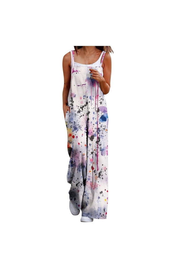 Floral Jumpsuits for Women - Boho Wide Leg Rompers with Pockets (Summer Vacation, Casual Beach Overalls) Purple S