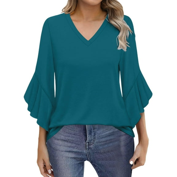 Yubnlvae Green Blouses for Women Casual 3/4 Length Sleeve Womens Tops V Neck Tshirts Shirts with Flared Sleeve, L