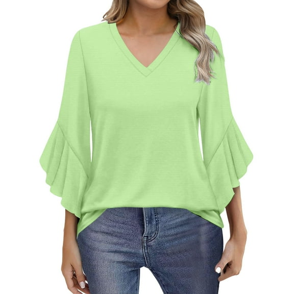 Yubnlvae Green Blouses for Women Casual 3/4 Length Sleeve Womens Tops V Neck Tshirts Shirts with Flared Sleeve, S