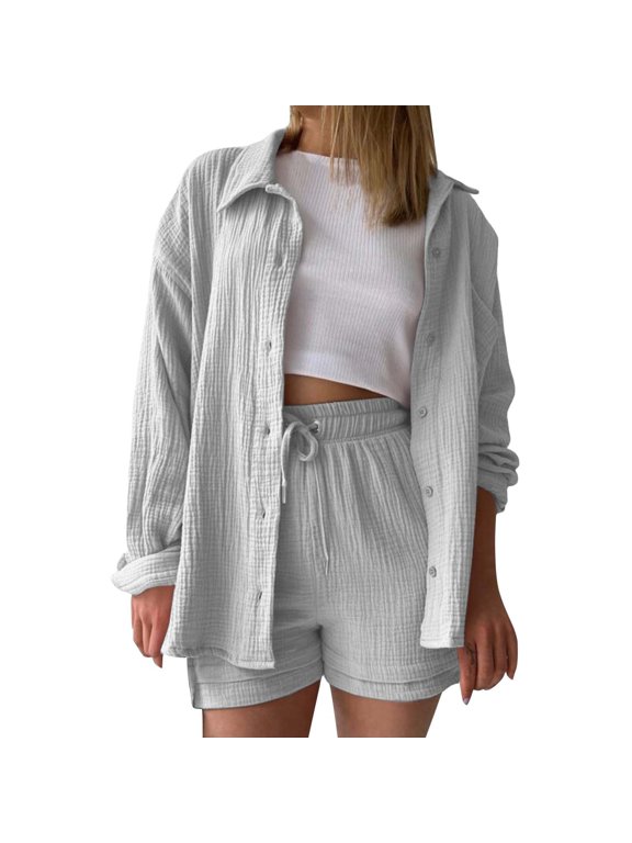 Grey Women's Fashionable Casual Wrinkled Cloth Solid Color Slit Button Long Sleeve Top Shirt, Xxl