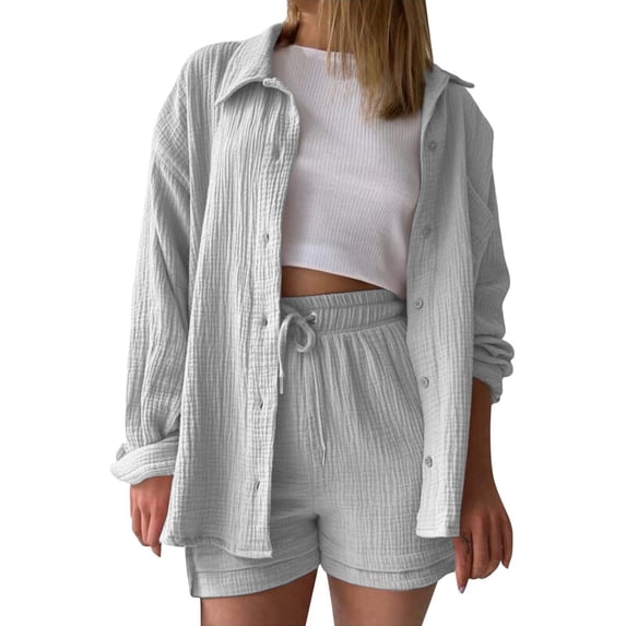 Yubnlvae Grey Women's Fashionable Casual Wrinkled Cloth Solid Color Slit Button Long Sleeve Top Shirt, Xxl