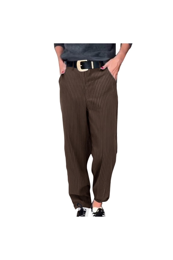 High Waist Straight Leg Dress Pants - Office Casual Trousers for Women (Elastic Waist, Minimalist Design) Brown S