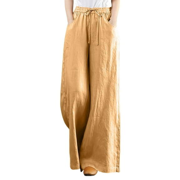 Yubnlvae High Waist Wide Leg Palazzo Pants - Women's Solid Color Bohemian Trousers, Flowy Dressy Lounge Pants, Elastic Waist Long Drapey Culottes (Yellow | M)