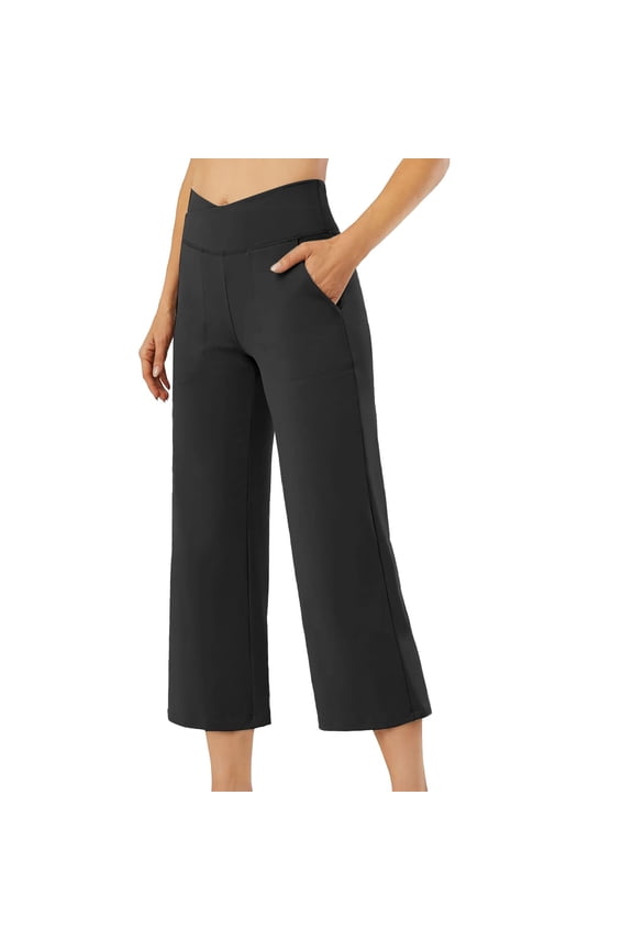 High Waist Yoga Leggings with Pockets - Women's Comfy Wide Leg Workout Pants (Stretchy, Gym to Lounge) Black L