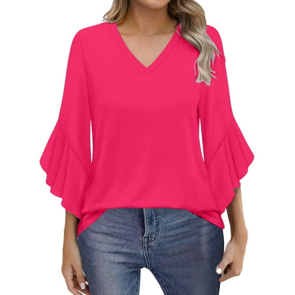 Yubnlvae Hot Pink Blouses for Women Casual 3/4 Length Sleeve Womens Tops V Neck Tshirts Shirts with Flared Sleeve, L