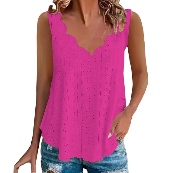 Yubnlvae Hot Pink Casual Solid Color Scallop V Neck Women's Vest Comfortable And Breathable V Neck Women's T Shirt, Xl