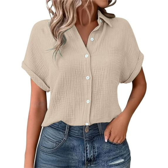 Yubnlvae Khaki Generisch Muslin Blouse Women's Summer Shirt Blouse Cotton Short Sleeve Linen Blouse Tops V Neck Long Blouse Tunic, M