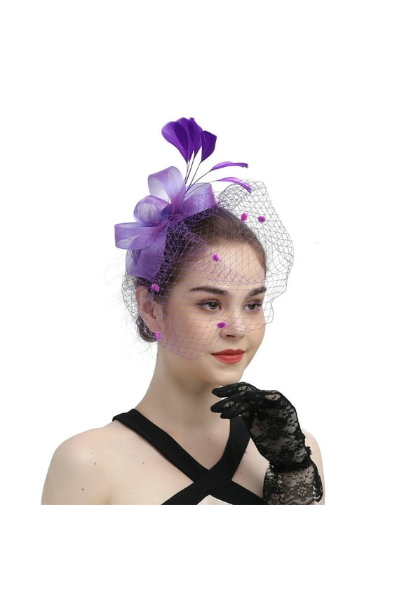 Lace Veil Headpiece with Bow & Feathers – Elegant Hair Accessory for Bridal, Cosplay & Fantasy Outfit Parties Under 5$, Purple, One Size