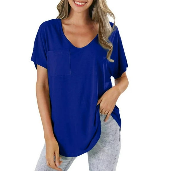 Yubnlvae Ladies' Casual Pocket Short Sleeve T-Shirt, Ladies' Fashionable Casual Solid Color Plus Pocket Short Sleeved T Shirtclearance! Solid, Round Neck, Blue, S