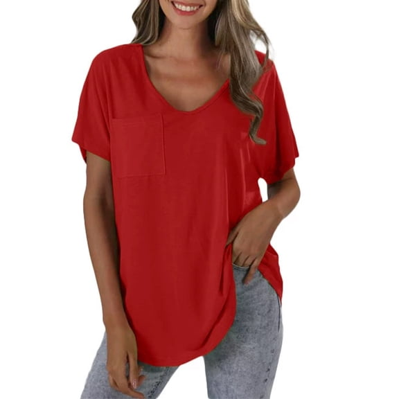 Yubnlvae Ladies' Casual Pocket Short Sleeve T-Shirt, Ladies' Fashionable Casual Solid Color Plus Pocket Short Sleeved T Shirtclearance! Solid, Round Neck, Red, M