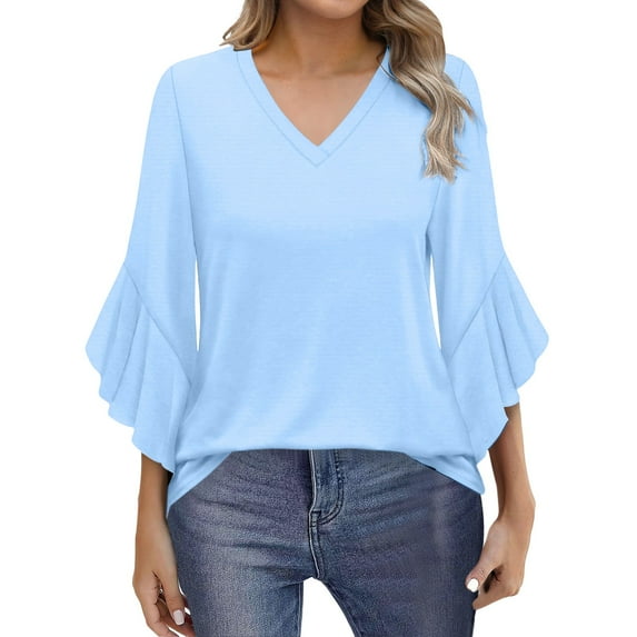 Yubnlvae Light Blue Blouses for Women Casual 3/4 Length Sleeve Womens Tops V Neck Tshirts Shirts with Flared Sleeve, Xxl