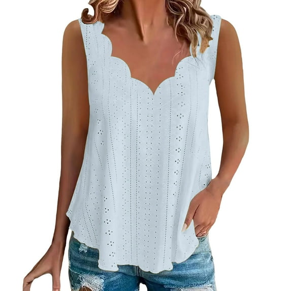 Yubnlvae Light Blue Casual Solid Color Scallop V Neck Women's Vest Comfortable And Breathable V Neck Women's T Shirt, 4Xl