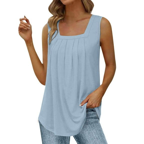 Yubnlvae Light Blue Summer Tank Tops for Women 2025 Loose Fit Pleated Square Neck Sleeveless Shirt Curved Flowy Vest Basic Cotton Tee, L