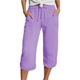 thumbnail image 1 of Yubnlvae Linen Bubble Wrinkle 3/4 Pants - Women's Lightweight Muslin Cropped Trousers, Elastic Waist Beach Pants with Pockets for Summer (Purple | M), 1 of 5