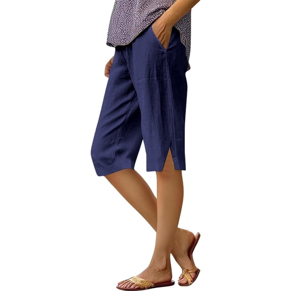 Yubnlvae Linen Drawstring Shorts - Breathable Summer Bottoms for Beach Vacations & Home Lounging (Casual Comfort), Women's Cotton Linen Shorts High Waist Slit Pocket Casual Summer Loose Fit, Navy, M
