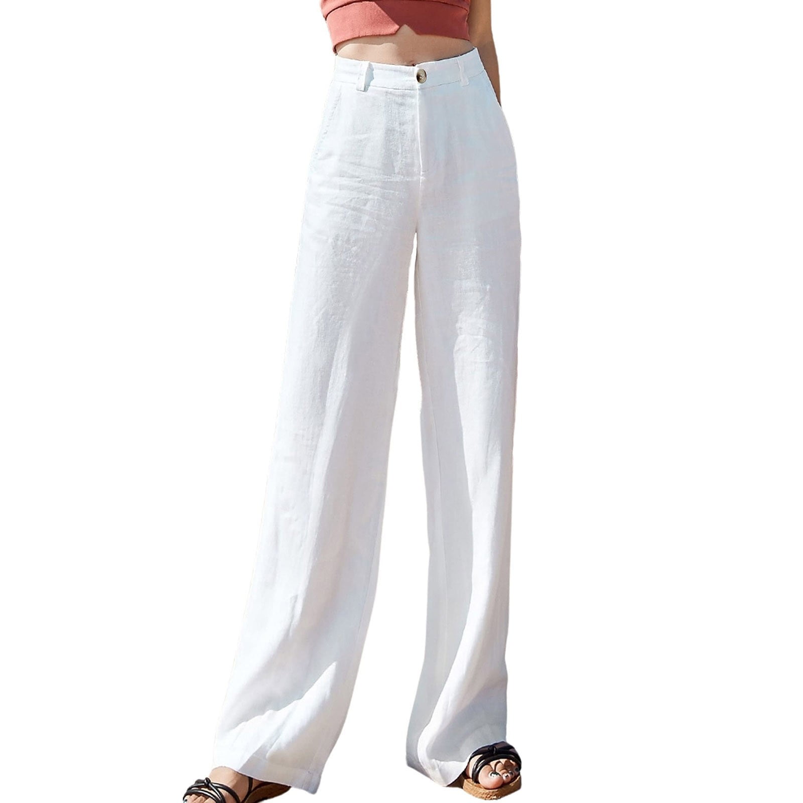 【YOURNUS】White Long Wide Pants Yubnlvae Casual High Waisted Linen Pants, Wide Leg Button Up