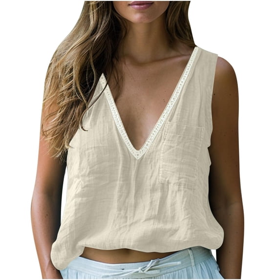 Yubnlvae Linen V-Neck Tank Tops for Women - Summer Casual Sleeveless Blouses (Lace Trim, Pocket Tunic Tops) White XL