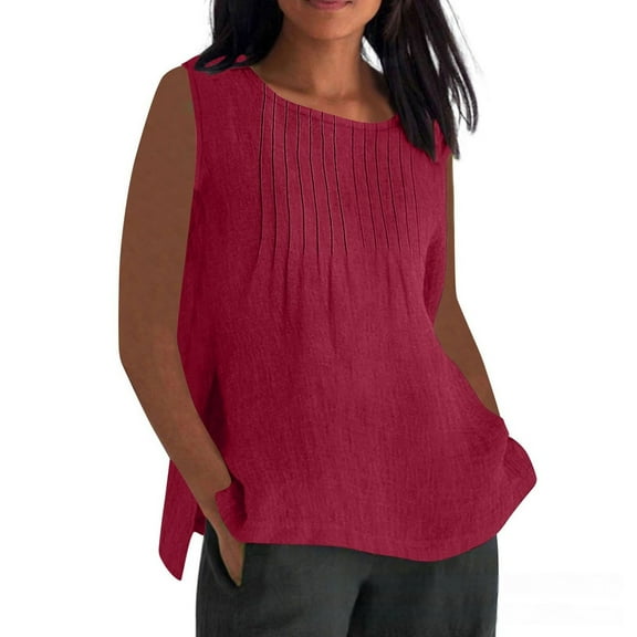 Yubnlvae Linen Work Blouses for Women - Summer Casual Round Neck Tops (Breathable Office & Weekend Shirts) Red S