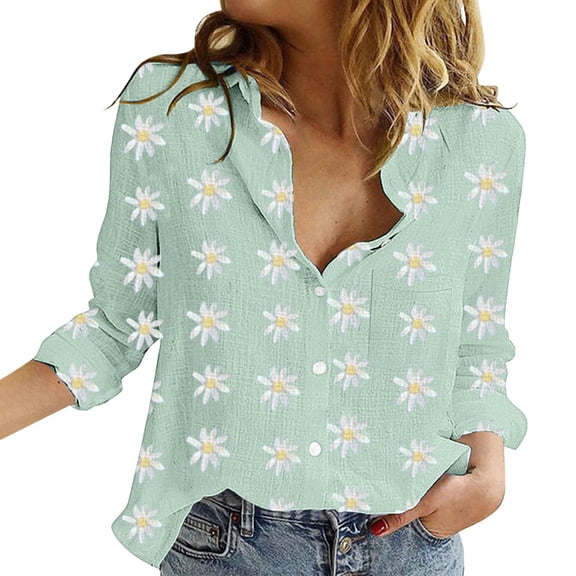 Yubnlvae Long Sleeve V-Neck Tunic Blouses - Casual Button-Down Loose Tops for Women (Breathable Linen, Layering Essential) Green XL