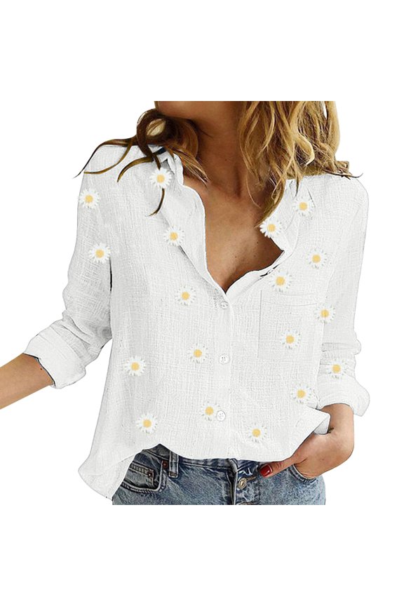 Long Sleeve V-Neck Tunic Blouses - Casual Button-Down Loose Tops for Women (Breathable Linen, Layering Essential) White S