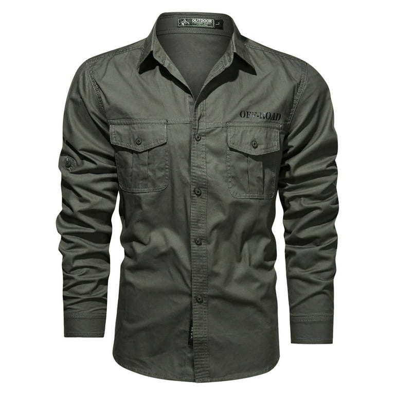 Yubnlvae Mens Shirts Shirts Cotton Sizes Men's Plus Military Style Long  Sleeve Washed Shirt Outdoor Men Shirts Green