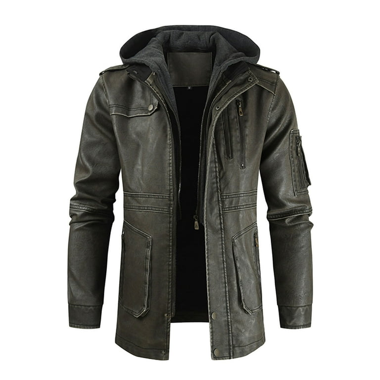 Mens pu hooded jacket sale