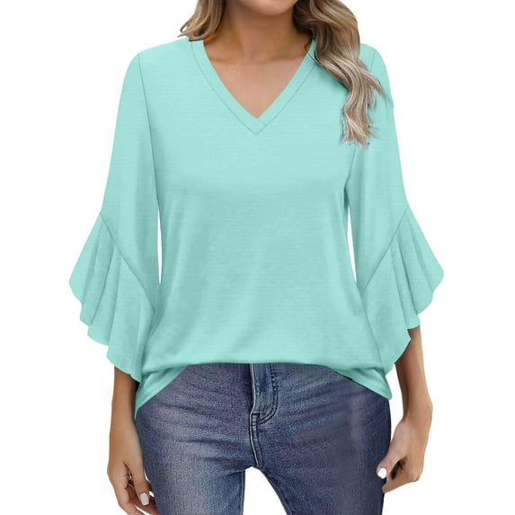 Yubnlvae Mint Green Blouses for Women Casual 3/4 Length Sleeve Womens Tops V Neck Tshirts Shirts with Flared Sleeve, M