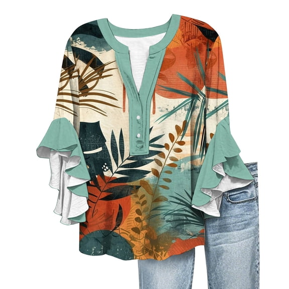 Yubnlvae Mint Green Women's Seven Quarter Sleeve V Neck Lace Sleeve Casual Button up Top, L