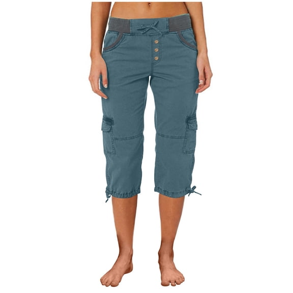 Yubnlvae Multi-Pocket Cargo Shorts for Women - Outdoor Sports Thin Cropped Pants (Loose Fit, Quick-Dry Hiking Bottoms) Sky Blue 3XL
