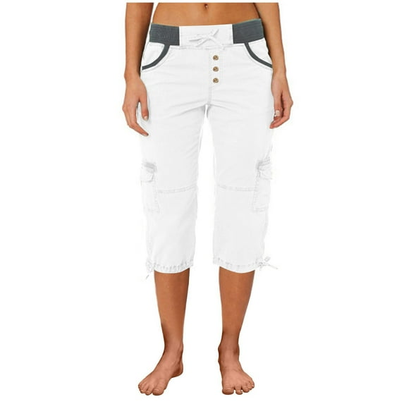Yubnlvae Multi-Pocket Cargo Shorts for Women - Outdoor Sports Thin Cropped Pants (Loose Fit, Quick-Dry Hiking Bottoms) White M