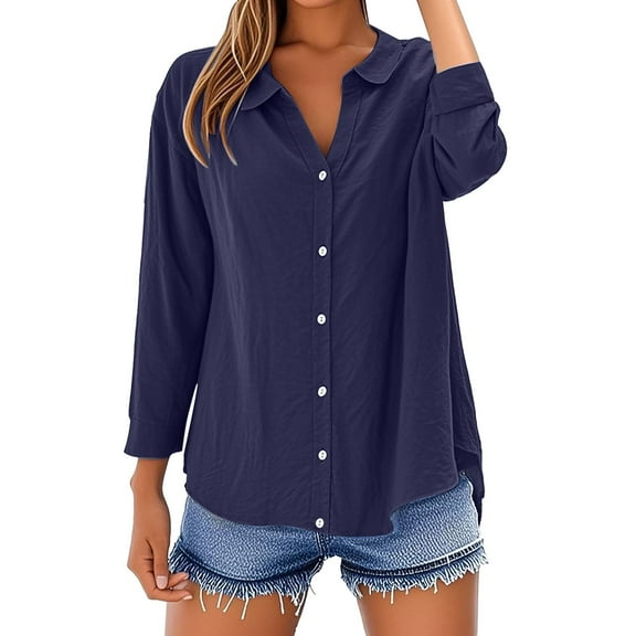 Yubnlvae Navy Loose Shirt Top Stand Solid Color Long Sleeve Lapel Collar Casual Women's Shirt Women's Shirt, Xl