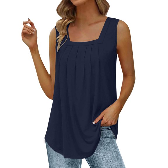 Yubnlvae Navy Summer Tank Tops for Women 2025 Loose Fit Pleated Square Neck Sleeveless Shirt Curved Flowy Vest Basic Cotton Tee, 3Xl