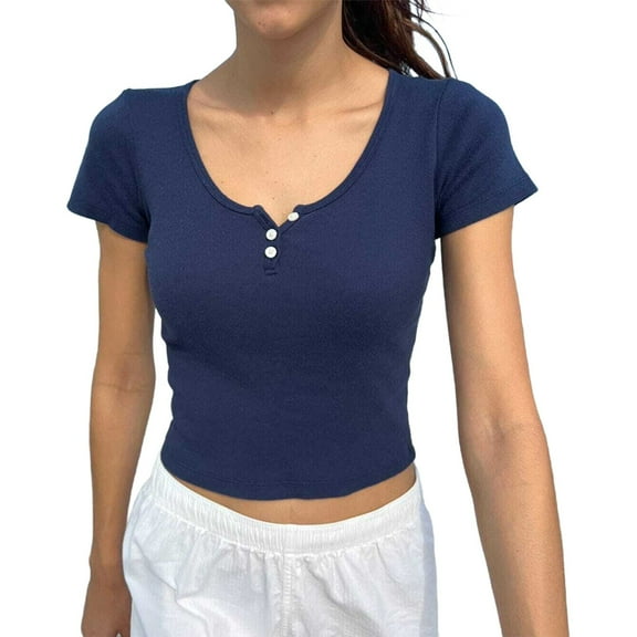 Yubnlvae Navy Summer Women's Y2K Waist Ribbed Button Collar Short Sleeve T Shirt Trendy Vintage Streetwear Top, L