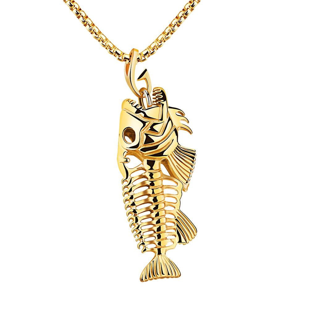 Yubnlvae Necklaces & Pendants Chain Skelet on Fish Necklace Pendant & Fishing  Surfer Hook Steel Stainless Bone Necklaces & Pendants Gold 
