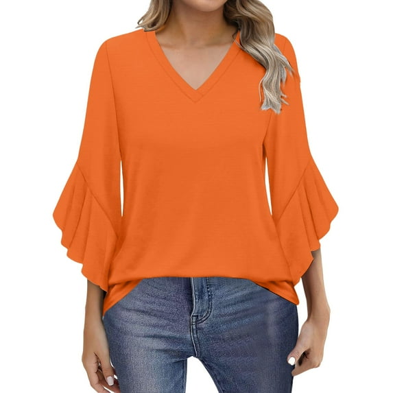Yubnlvae Orange Blouses for Women Casual 3/4 Length Sleeve Womens Tops V Neck Tshirts Shirts with Flared Sleeve, M