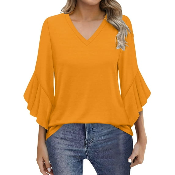 Yubnlvae Orange Blouses for Women Casual 3/4 Length Sleeve Womens Tops V Neck Tshirts Shirts with Flared Sleeve, Xl